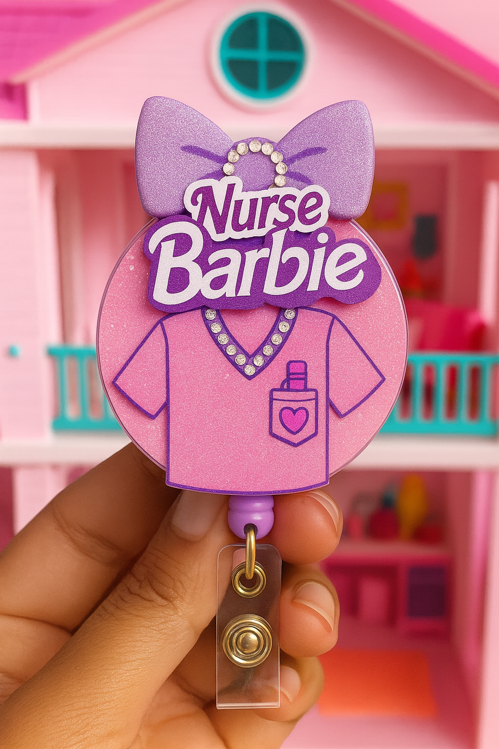 Pink Nurse Baddie Badge Reel – Cute Glitter Scrubs ID Holder