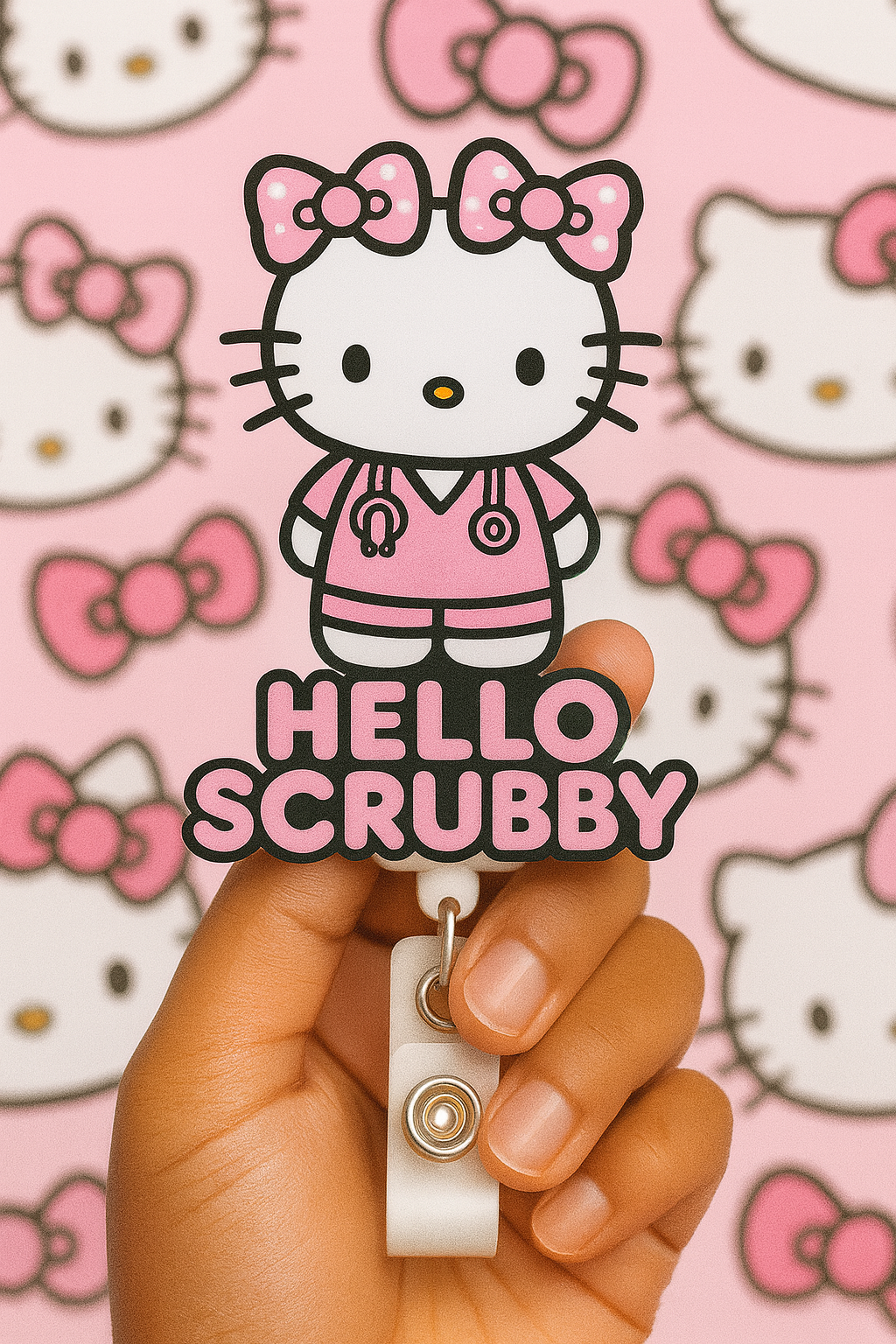 Hello Scrubby Badge Reel – Cute Pink Nurse ID Holder, Kawaii Scrub Badge, Nurse Gift
