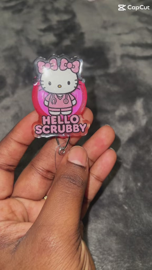 Hello Scrubby Badge Reel – Cute Pink Nurse ID Holder, Kawaii Scrub Badge, Nurse Gift