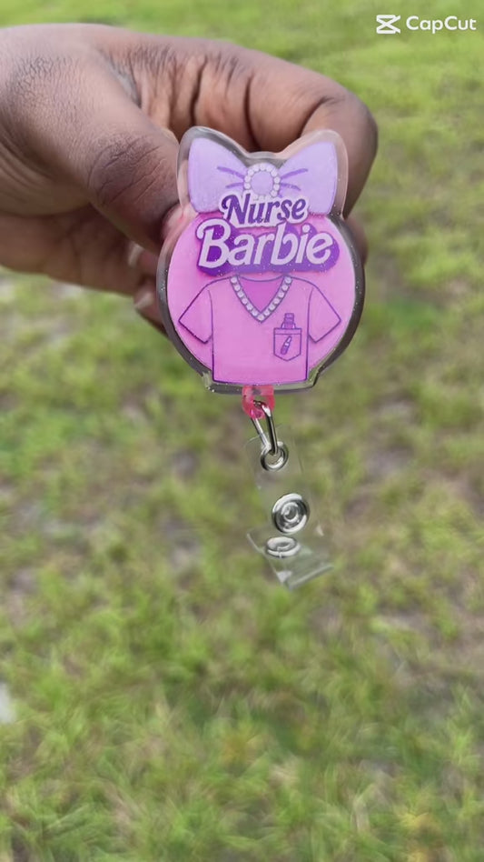 Pink Nurse Baddie Badge Reel – Cute Glitter Scrubs ID Holder